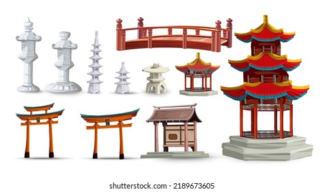 Ancient Japan Culture Objects Set With Gate, Pagoda, Temple, Garden, Japanese Lantern Isolated Vector Illustration. Japan Vector Set Collection