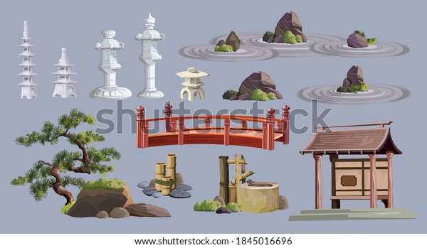 Ancient\
japan culture objects set with pagoda, temple, ikebana, bonsai,\
trees, stone, garden, japanese lantern, watering can isolated\
vector illustration. Japan vector set\
collection