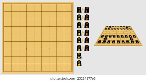 An ancient Japanese chess-type board game - Shogi. With European designations. Editable vector set