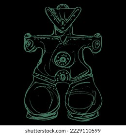 Ancient Japanese figurine of a goddess. Prehistoric female Dogū sculpture. Hand drawn linear doodle rough sketch. Green silhouette on black background.