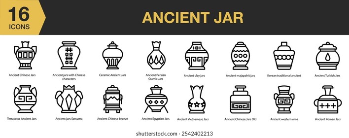 Ancient Jar icon set. Includes bronze, chinese jar, clay, egyptian, satsuma, ceramic, and More. Outline icons vector collection.