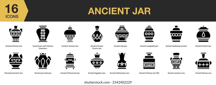 Ancient Jar solid icon set. Includes bronze, chinese jar, clay, egyptian, satsuma, ceramic, and More. Solid icons vector collection.