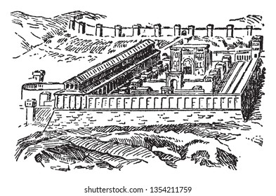 Ancient Jerusalem was any of a series of structures which were located on the Temple Mount in the Old City of Jerusalem, vintage line drawing or engraving illustration.