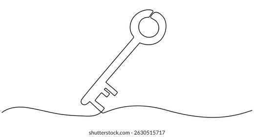 Desenho de uma linha contínuo de chave antiga. Símbolo de segurança particular desenhado à mão. Ilustração vetorial isolada em branco, desenho de linha contínua de uma chave sugere conceitos de segurança e acesso.