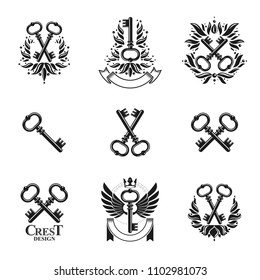 Ancient Keys emblems set. Heraldic Coat of Arms decorative logos isolated vector illustrations collection.