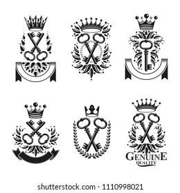Ancient Keys emblems set. Heraldic Coat of Arms decorative logos isolated vector illustrations collection.