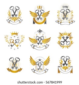 Ancient Keys emblems set. Heraldic Coat of Arms decorative logos isolated vector illustrations collection.