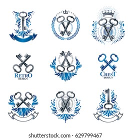 Ancient Keys emblems set. Heraldic Coat of Arms decorative logos isolated vector illustrations collection.