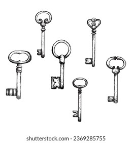 Ancient keys hand drawn vector illustration. Set with metal key vintage style sketch isolated on white background for design, tattoo, card, print, logo. Accessories, mystical symbol