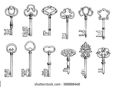 Ancient keys vintage engraving sketches with ornamental forged bows, adorned by victorian flourishes, curlicues and twirls. Maybe used as tattoo, medieval embellishment design or safety themes