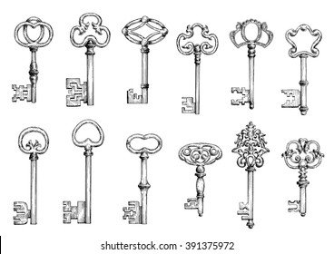 Ancient keys vintage engraving sketches with ornamental forged bows, adorned by victorian flourishes, curlicues and twirls. Maybe used as tattoo, medieval embellishment design or safety themes