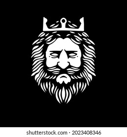Ancient King Crown with Beard and Mustache Face logo design. Vintage style.