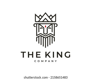 Ancient King Crown with Face Beard and Mustache line art logo design