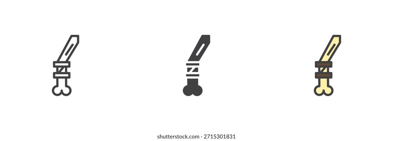 Ancient knife blade icon set in line, solid and filled outline colorful styles. Primitive cutting tool vector sign and symbol icon, color illustration of prehistoric craft.