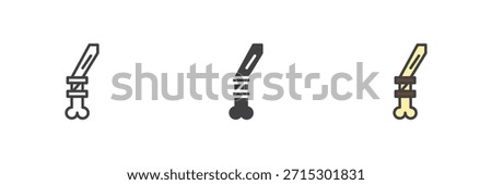 Ancient knife blade icon set in line, solid and filled outline colorful styles. Primitive cutting tool vector sign and symbol icon, color illustration of prehistoric craft.