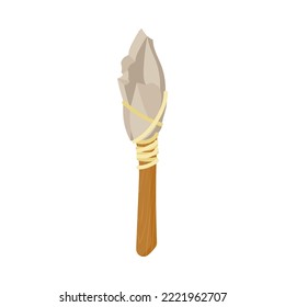 Altes Messer aus Holz und Stein, Vektorgrafik. Primitive Ausrüstung aus Stein und Holz von prähistorischen Menschen oder Barbaren für die Jagd einzeln auf weißem Hintergrund. Geschichte, Konzept der Steinzeit