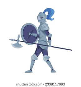 Ancient knight in full armour with shield and halberd vector illustration