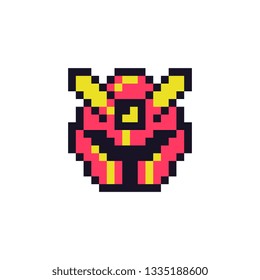 Ancient knight helmet pixel art icon. Design for logo game, sticker, mobile app, website, badges and patches. 8-bit sprite. Isolated vector illustration. 
