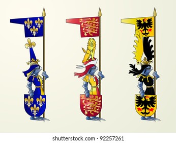 Ancient knights with the shields and flags of national coat of arms