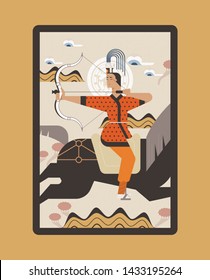 Ancient Korean Goguryeo Warrior Character. Traditional pattern background. flat design style minimal vector illustration.