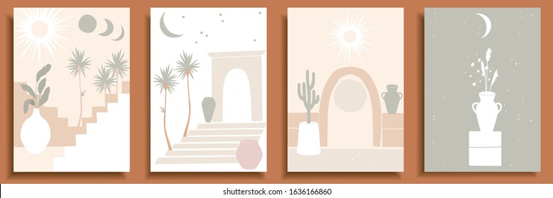 Ancient landscape life in pastel colors. Hand drawn poster set. Collection of contemporary art. Abstract paper cut elements, leaves, pots, jugs, cactus, sun, moon for social media, postcards, print.