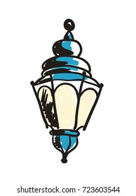 Ancient lantern hand drawn icon isolated on white background vector illustration. Eastern ethnic culture element, traditional symbol.