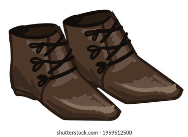 Ancient leather boots, handmade footwear with leather, laces and comfortable model. Isolated traditional clothes and accessories of past times, old fashioned ethnic clothing. Vector in flat style