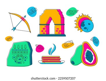 Ancient life and food - flat design style illustration set. High quality colorful images of bow and arrow, stone arch, solar eclipse, patterned stone slab, hot corn tortillas and papaya fruit