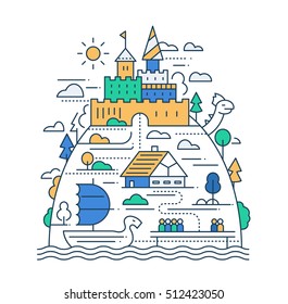 Ancient life - vector modern simple line flat design city composition with historical buildings