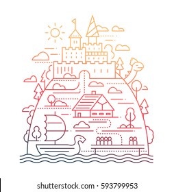 Ancient life - vector modern simple line flat design city composition with historical buildings - color gradient