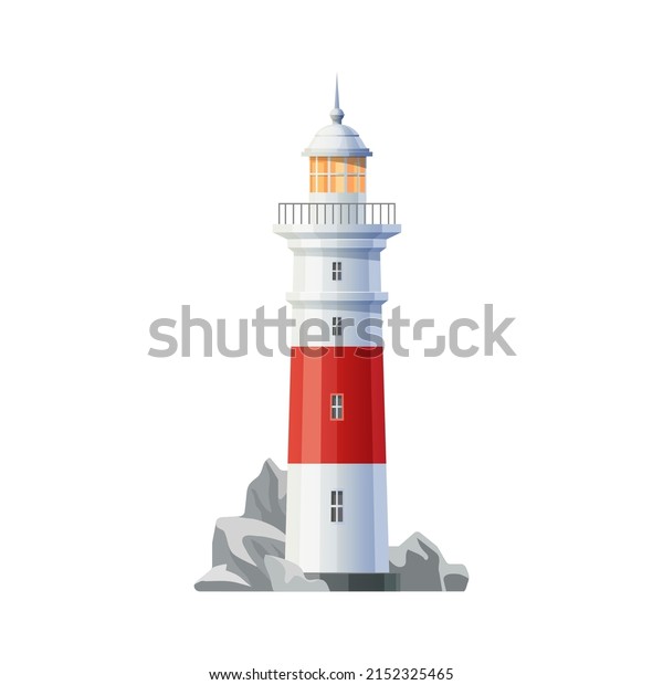 Ancient\
lighthouse building icon. Coastal lighthouse lantern tower, vector\
navigational lighthouse. Maritime travel, tourism beacon building\
on ocean shore with sharp rocks and\
stones