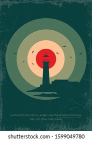 Ancient Lighthouse, Gulls, Color Circles Background, Grunge Texture Pattern Motivational Poster