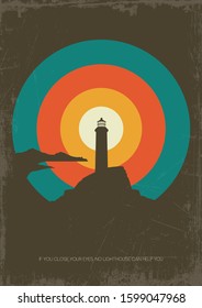 Ancient Lightouse, Coastline Silhouette, Color Circles Background, Grunge Texture Patern, Motivational Poster