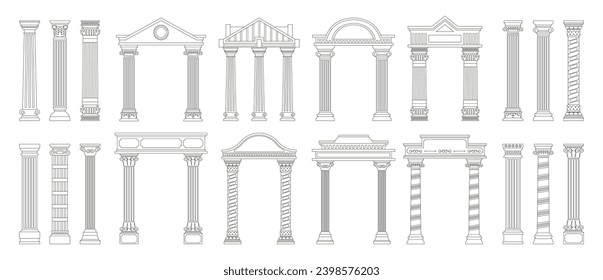 Ancient line columns. Antique doodle style roman architecture pillars with decorative elements, outline greek columns. Vector collection. Creative arch design isolated set. Old classical objects