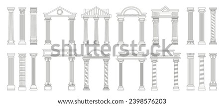 Ancient line columns. Antique doodle style roman architecture pillars with decorative elements, outline greek columns. Vector collection. Creative arch design isolated set. Old classical objects