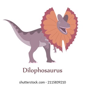 Anciano lagarto Dilophosaurus en ataque. Depredador de dinosaurios del período Jurásico. Una mirada aterradora. Ilustración de dibujos animados aislados por vectores