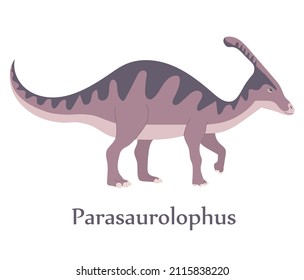 Ancient lizard parasaurolophus. Herbivorous dinosaur of the Jurassic period. On the head is a large horn. Vector isolated cartoon illustration