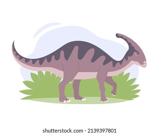 Ancient lizard parasaurolophus. Herbivorous dinosaur of the Jurassic period. On the head is a large horn. Vector isolated cartoon illustration