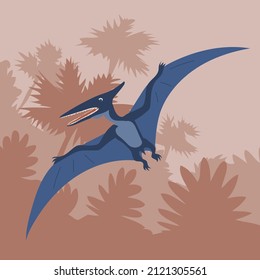 The ancient lizard pteranodon flies on the background of the forest. Predatory dinosaur of the Jurassic period. Big wings. Vector cartoon illustration