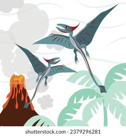 The ancient lizard Pteranodon flies on the background of the palms and 
erupting volcano. Predatory dinosaur of the Jurassic period. Big wings. Vector cartoon illustration.