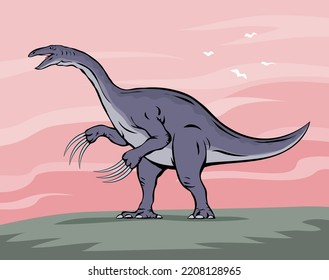 Ancient lizard therizinosaurus on the background of nature. Long claws on paws. Herbivorous dinosaur of the Jurassic period. Prehistoric animal and paleontology. Vector cartoon art illustration