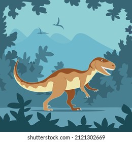 Alte Eidechsen-Velociraptor auf dem Hintergrund des Waldes. Raubdinosaurier der Jurassik-Zeit. Starker Jäger. Vektorgrafik