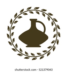 Ancient logo with jug and olive leaves. Greek vase with olive oil or wine isolated on white background. Vector antique illustration