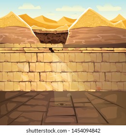 Ancient lost looted tomb or abandoned temple interior, underground cartoon vector illustration. Archeological excavations, treasures hunting concept. Desert, dug sand and sunbeam in empty crypt