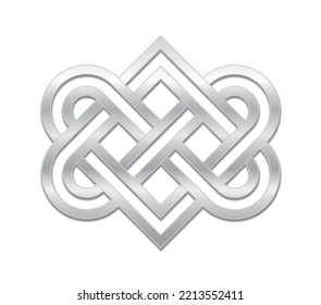 Ancient Love Knot, Celtic Heart Shaped Silver Symbol Representing The Connectedness Of Of Two Loving People. Isolated Vector Illustration On White Background.
