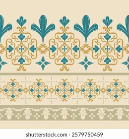 Ancient Luxury Garden Inspire Detailed Border Pattern. Elaborate Delight Seamless Stripe Scroll Ornament Decoration. Royal Silk Handicraft Embroidery Gold Viridian Opulence Wealth Color of Honor Rich.