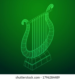 Ancient lyre or harp musical instrument. Music concept. Wireframe low poly mesh vector illustration.