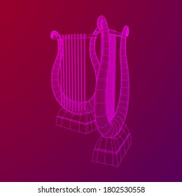 Ancient lyre or harp musical instrument. Music concept. Wireframe low poly mesh vector illustration.