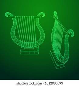 Ancient lyre or harp musical instrument. Music concept. Wireframe low poly mesh vector illustration.