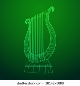 Ancient lyre or harp musical instrument. Music concept. Wireframe low poly mesh vector illustration.